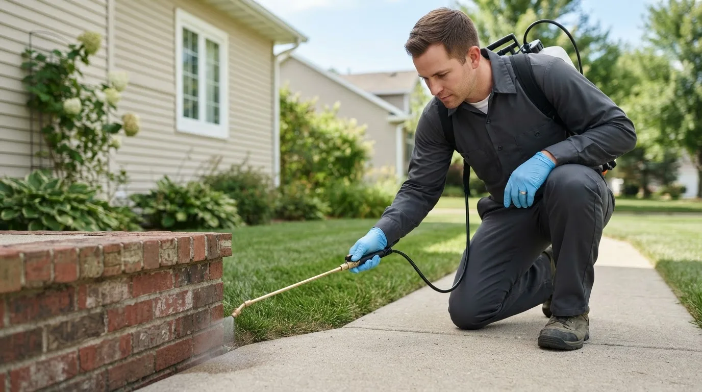 Pest control technician treating a home near Hull, IL